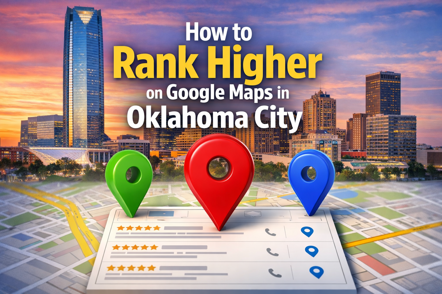 A graphic depicting ranking higher on google maps with the Oklahoma City skyline in the background